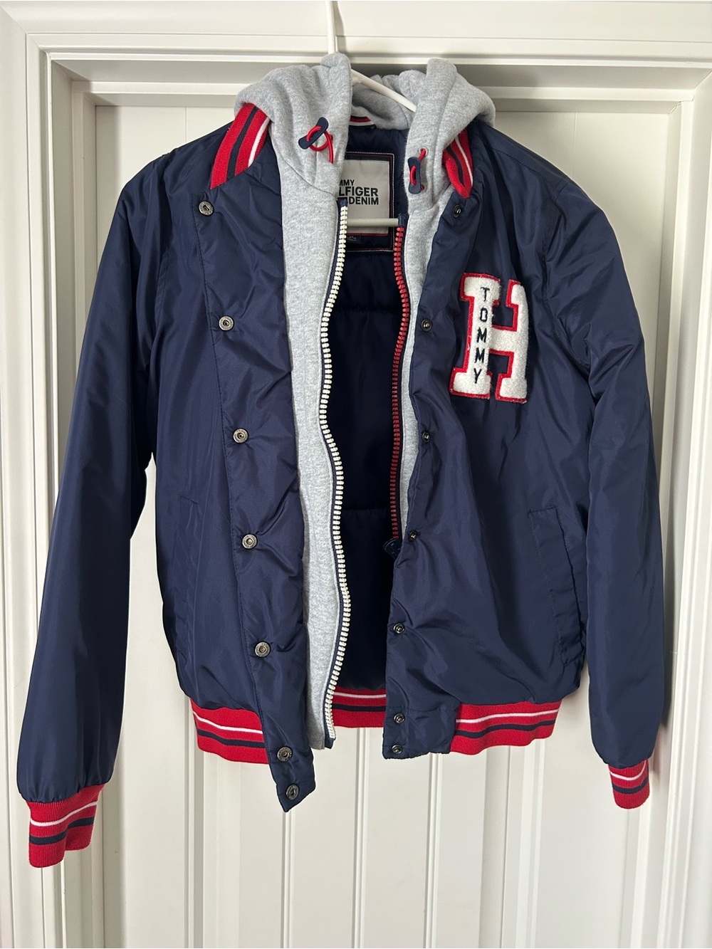 Vintage Tommy Hilfiger Navy Jacket with Red Trim and Grey Hoodie Insert
